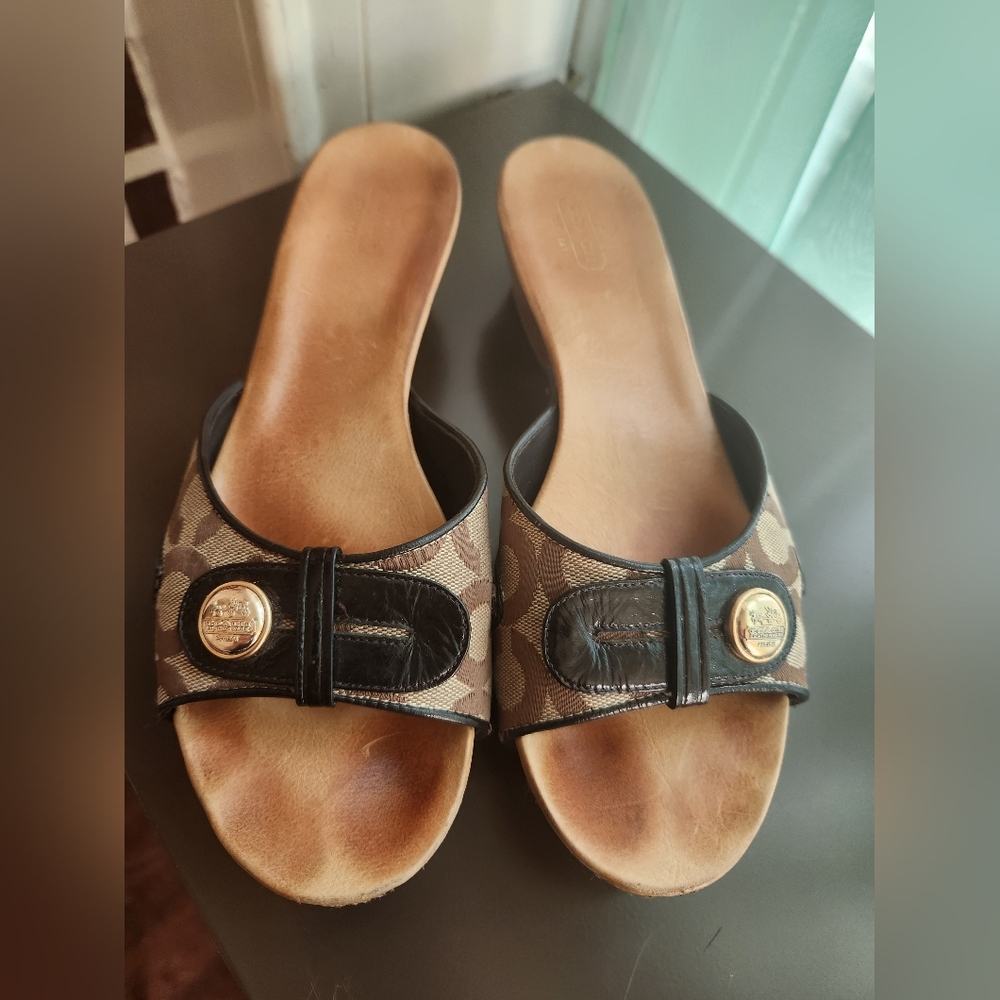 "Coach" Brown Signature Clog Sandals with Gold Accent